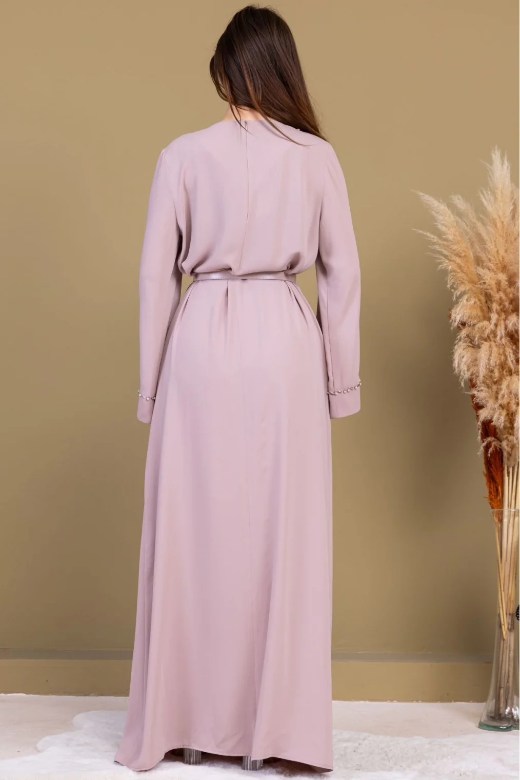 Yaka ve Kol İşleme Detaylı Rahat Form Elbise 1015-Bej