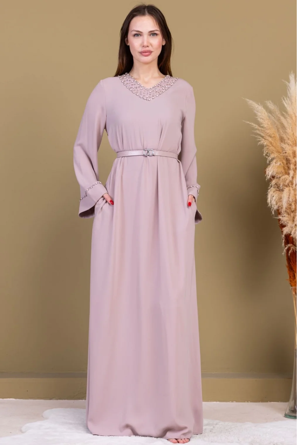 Yaka ve Kol İşleme Detaylı Rahat Form Elbise 1015-Bej