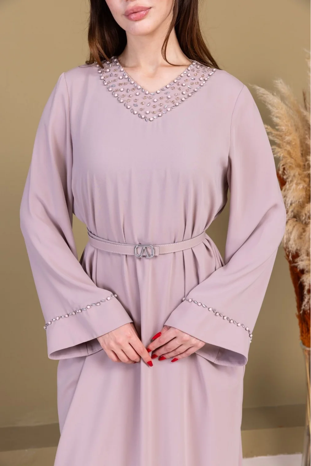 Yaka ve Kol İşleme Detaylı Rahat Form Elbise 1015-Bej