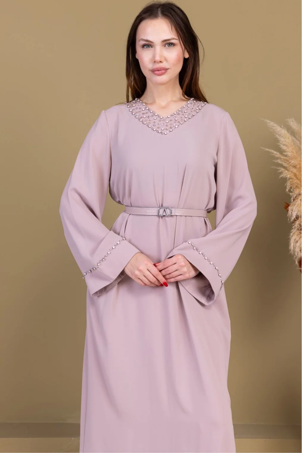 Yaka ve Kol İşleme Detaylı Rahat Form Elbise 1015-Bej