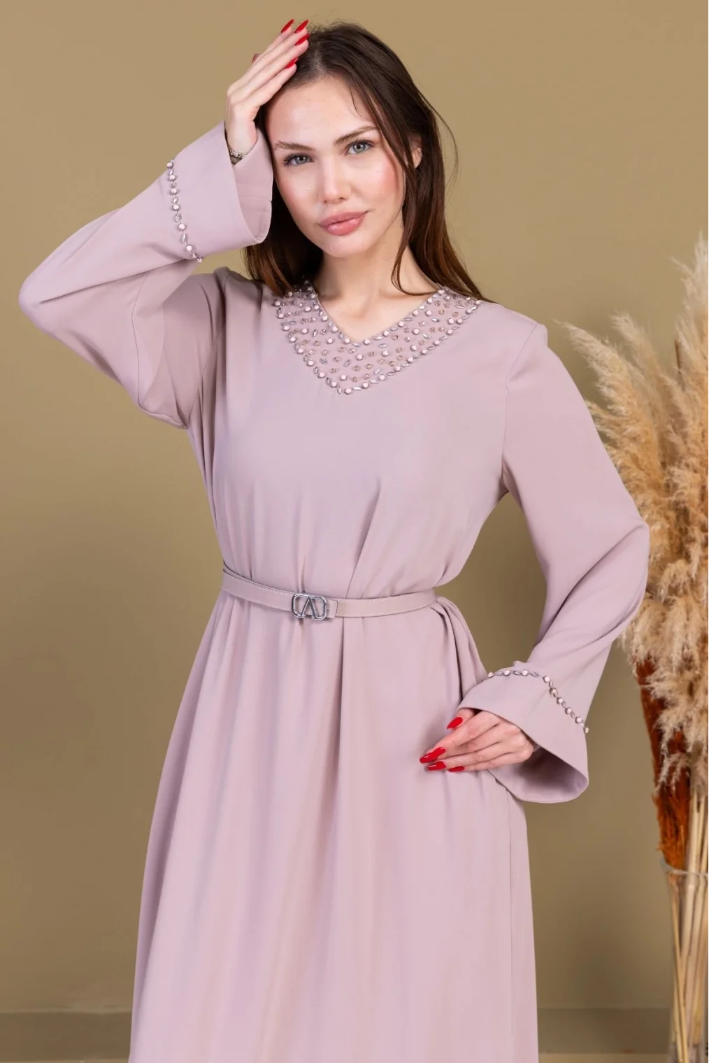 Yaka ve Kol İşleme Detaylı Rahat Form Elbise 1015-Bej