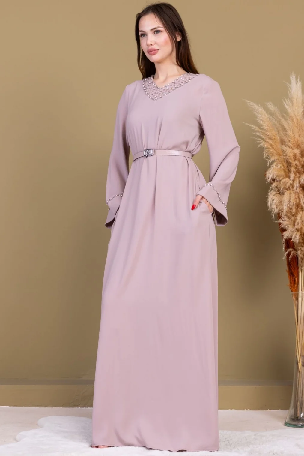 Yaka ve Kol İşleme Detaylı Rahat Form Elbise 1015-Bej