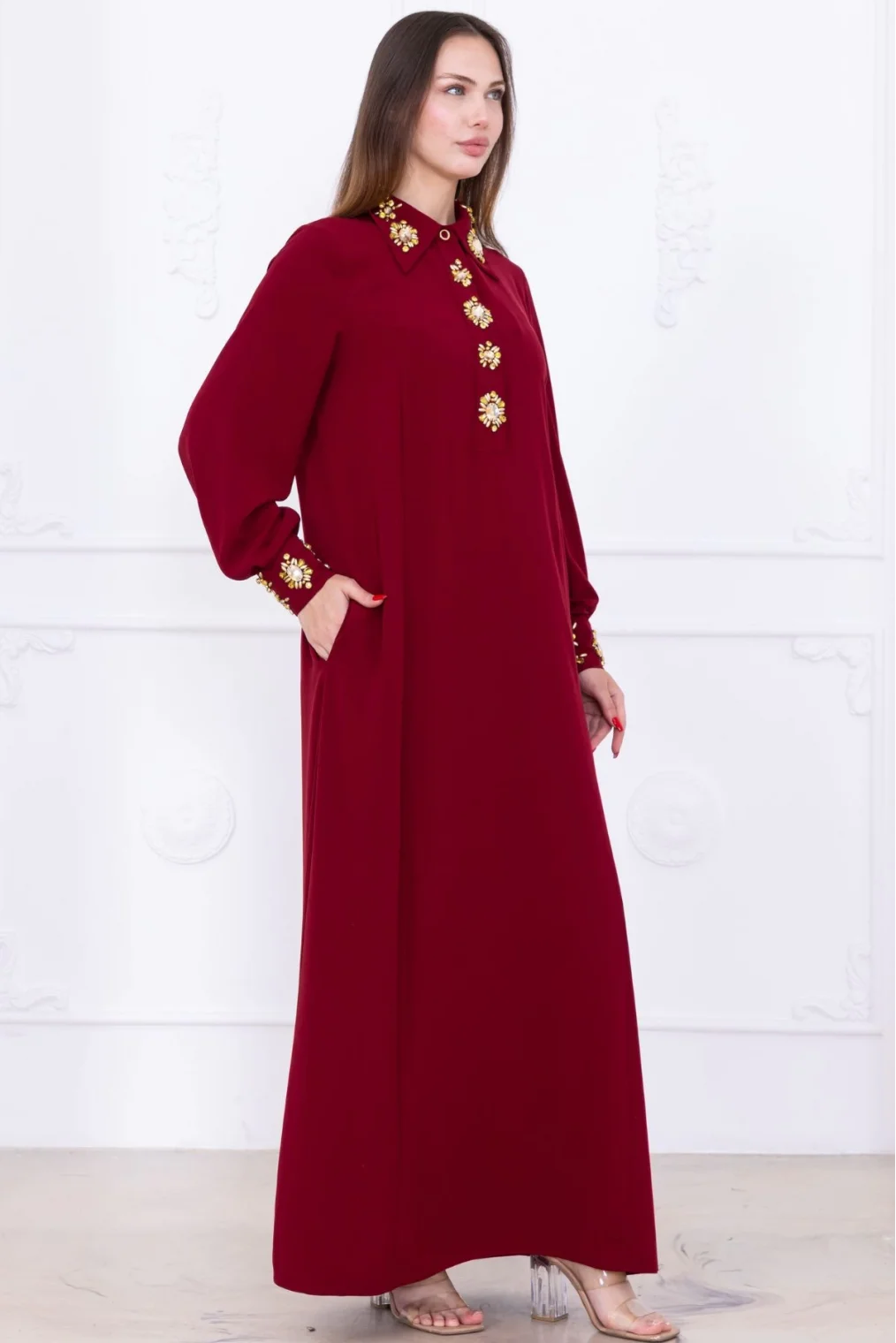 Yaka ve Manşet İşleme Detaylı Rahat Form Elbise 1014-Bordo