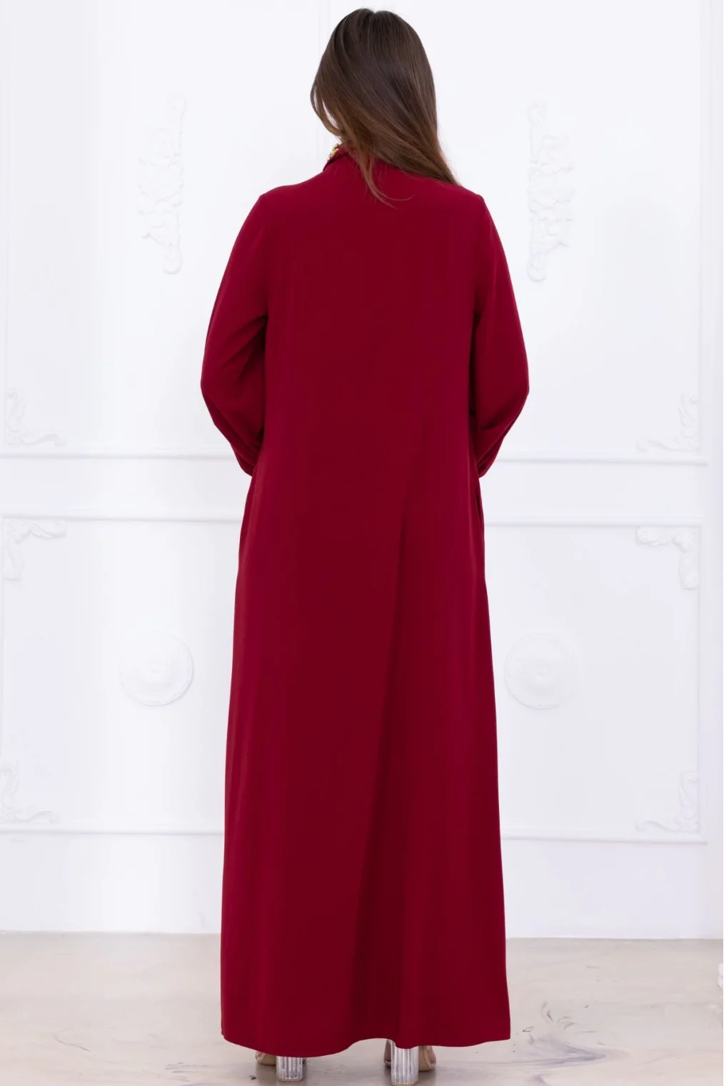 Yaka ve Manşet İşleme Detaylı Rahat Form Elbise 1014-Bordo