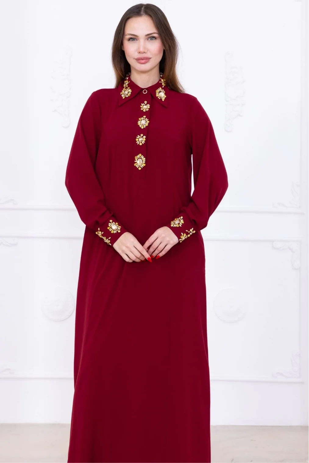 Yaka ve Manşet İşleme Detaylı Rahat Form Elbise 1014-Bordo