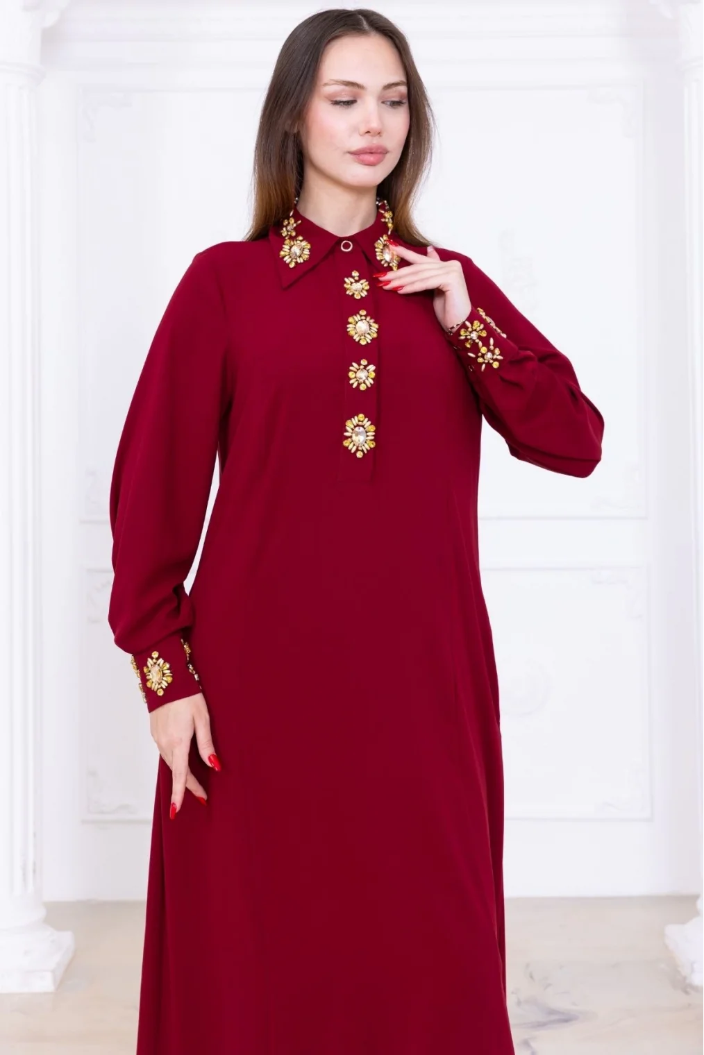 Yaka ve Manşet İşleme Detaylı Rahat Form Elbise 1014-Bordo