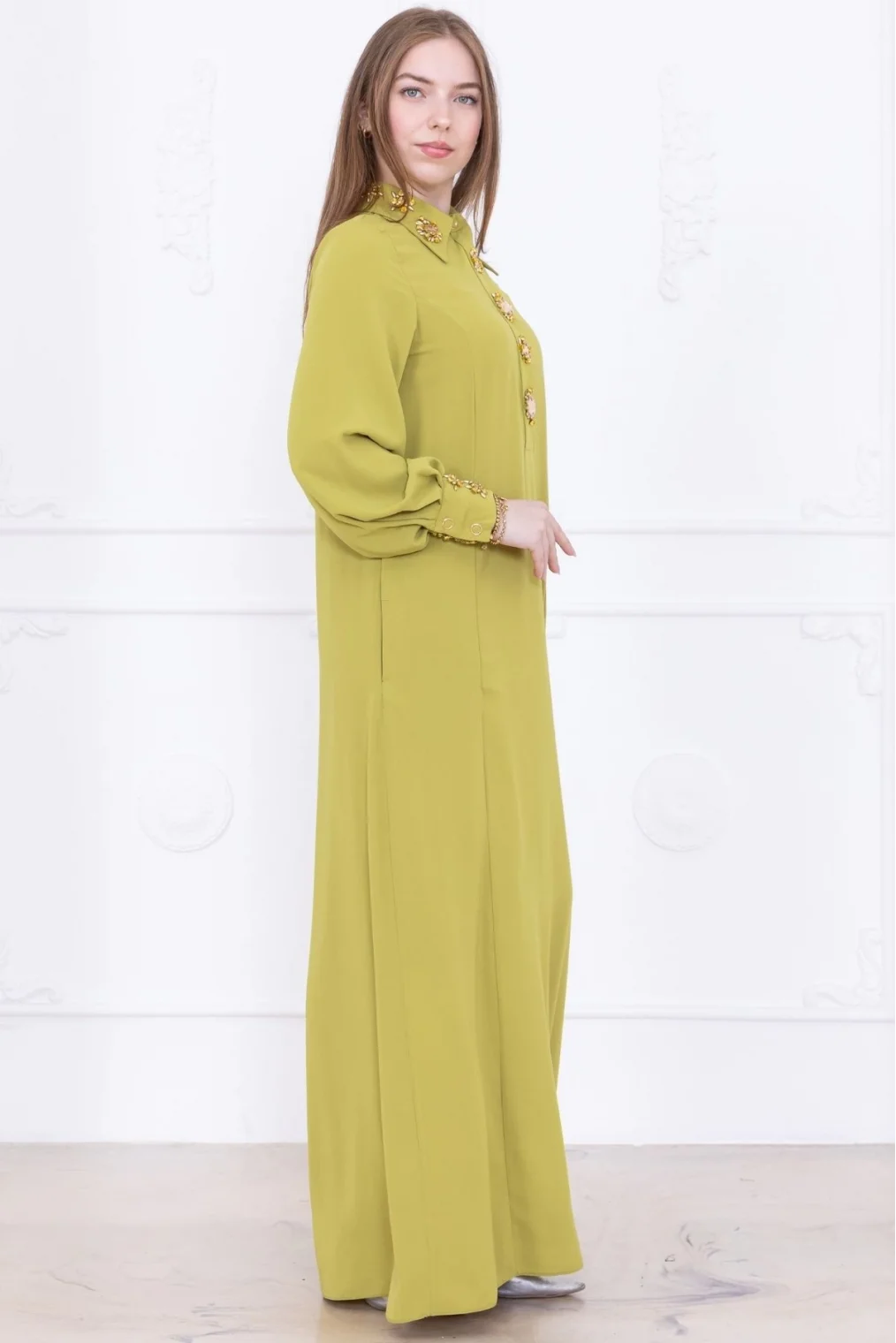 Yaka ve Manşet İşleme Detaylı Rahat Form Elbise 1014-Olive