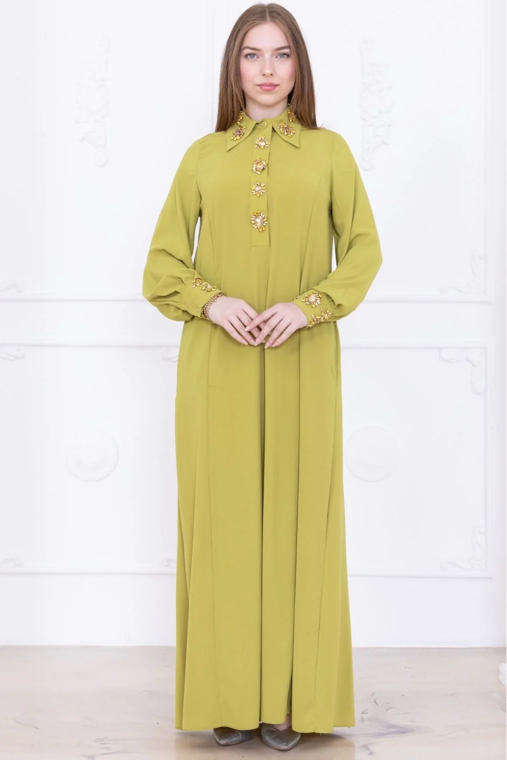 Yaka ve Manşet İşleme Detaylı Rahat Form Elbise 1014-Olive