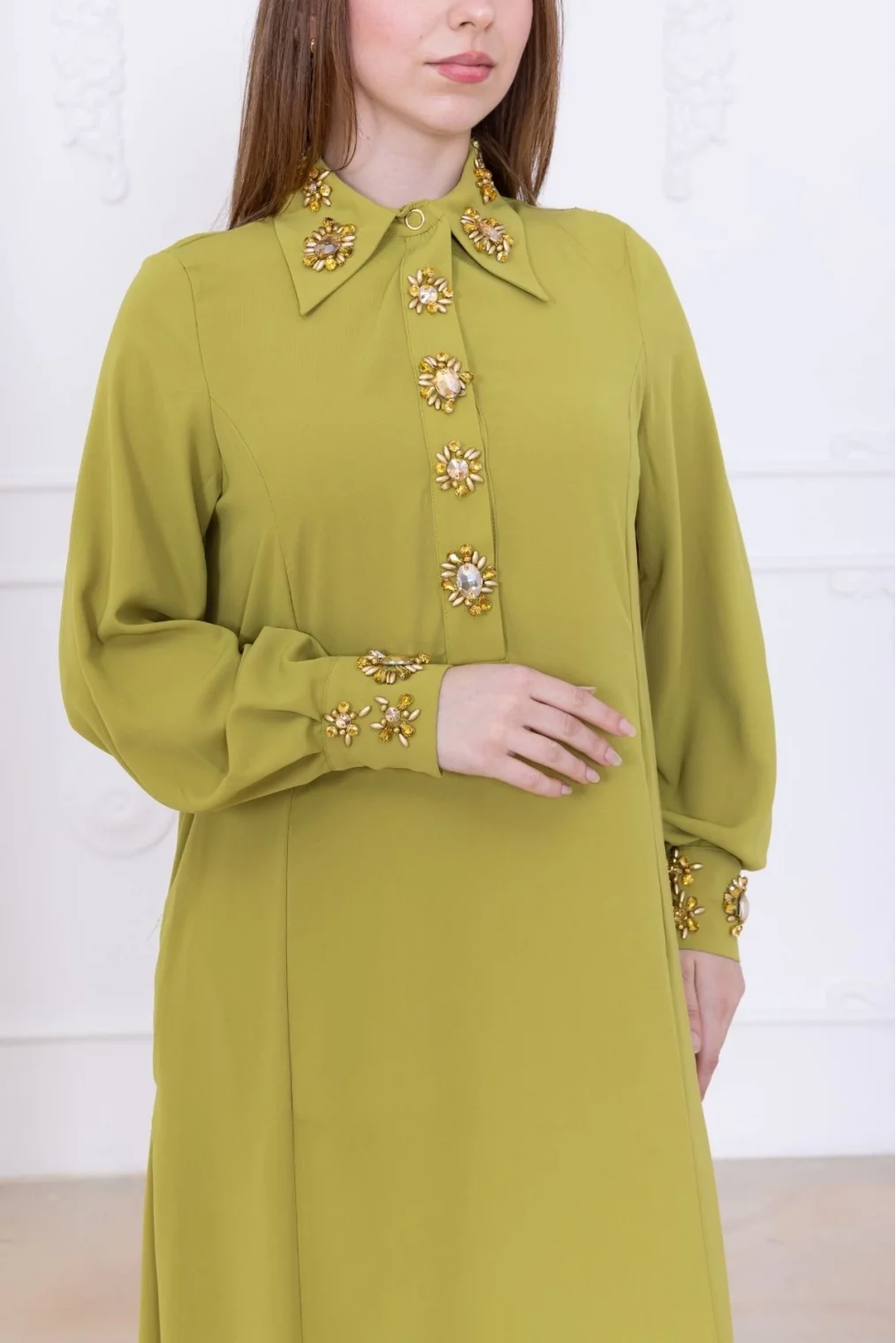 Yaka ve Manşet İşleme Detaylı Rahat Form Elbise 1014-Olive