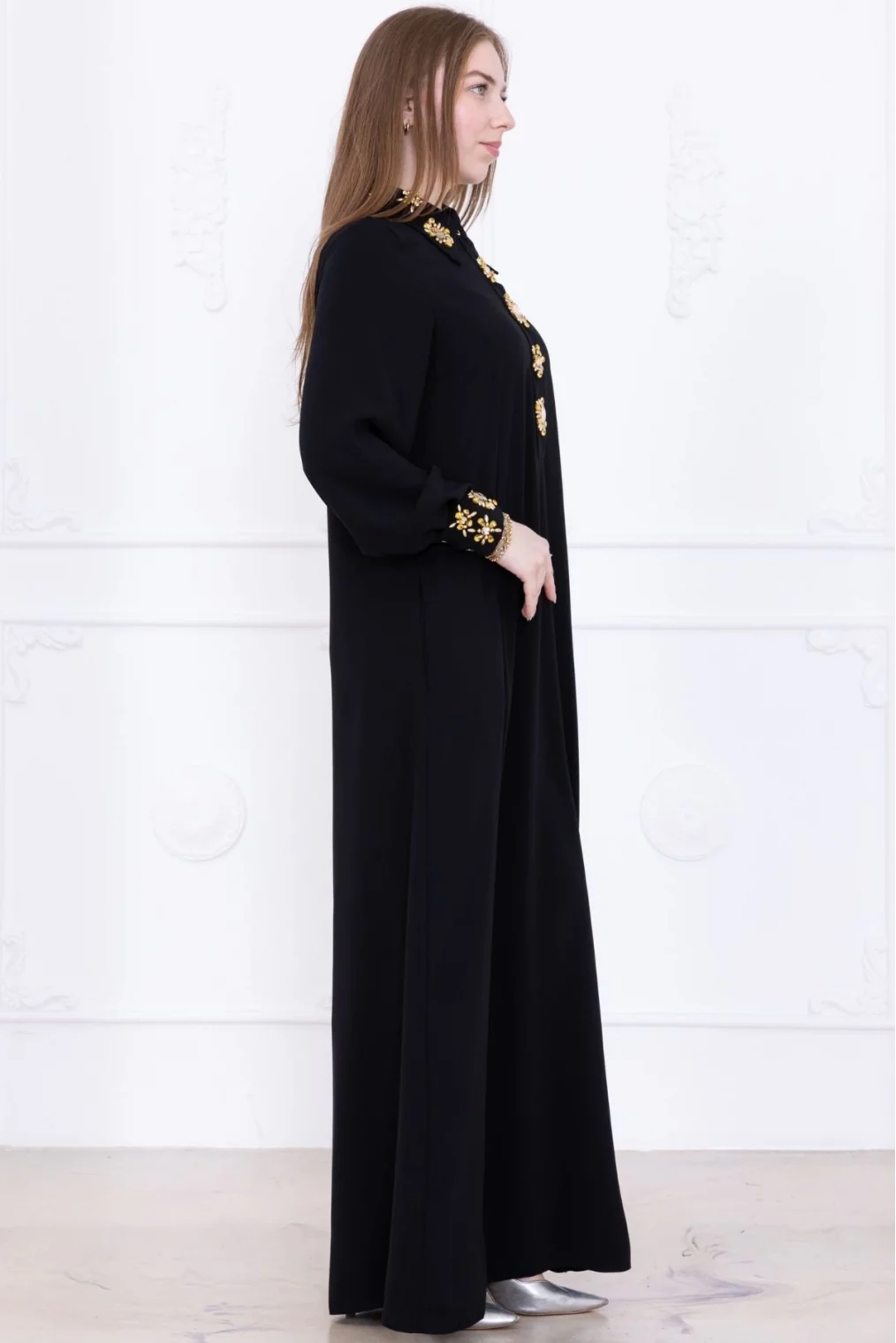 Yaka ve Manşet İşleme Detaylı Rahat Form Elbise 1014-Siyah