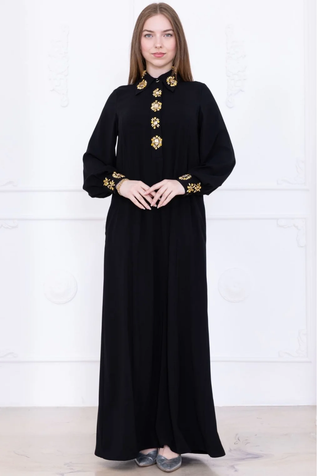 Yaka ve Manşet İşleme Detaylı Rahat Form Elbise 1014-Siyah