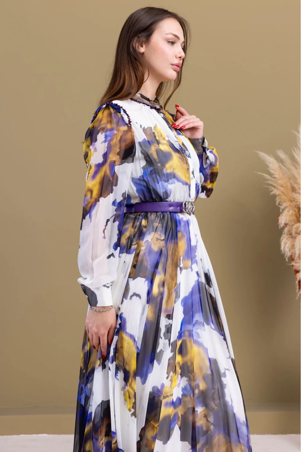 Yaka ve Omuz Boncuk İşlemeli Şifon Abiye 2704-Mor