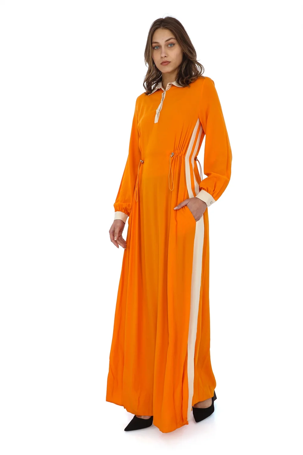 Yandan Bağlamalı Viskon Elbise 2216-Oranj