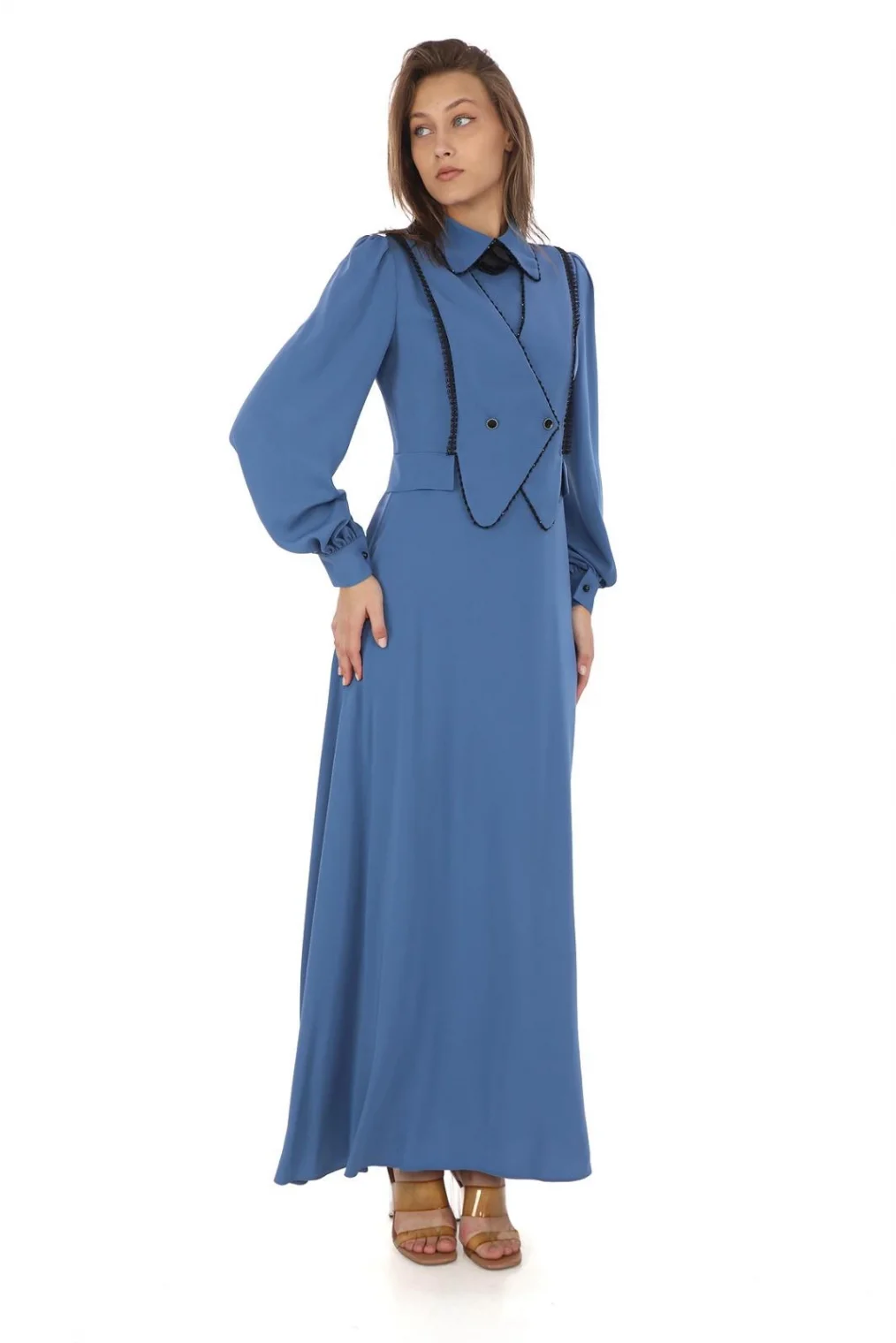 Yelek Efektli Dantel ve Boncuk İşlemli Elbise 2711-İndigo