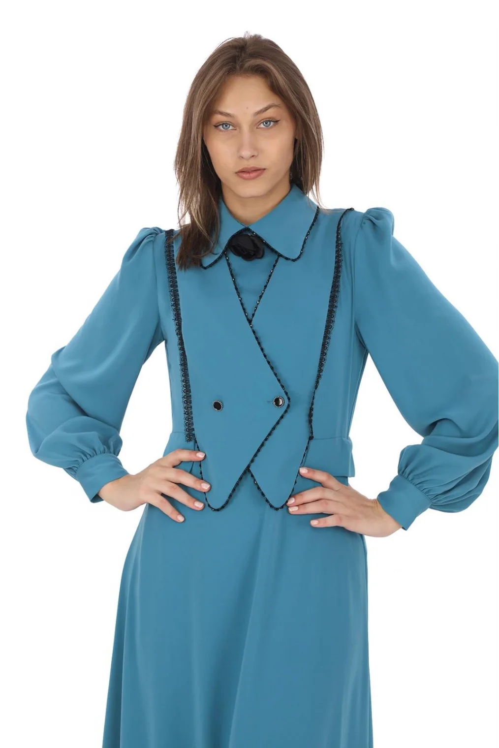 Yelek Efektli Dantel ve Boncuk İşlemli Elbise 2711-Petrol