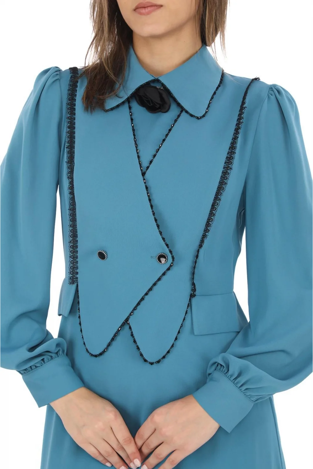 Yelek Efektli Dantel ve Boncuk İşlemli Elbise 2711-Petrol