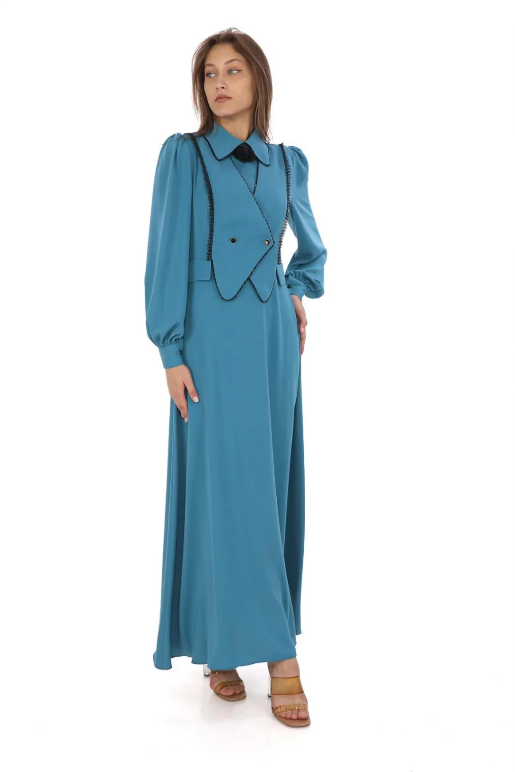 Yelek Efektli Dantel ve Boncuk İşlemli Elbise 2711-Petrol