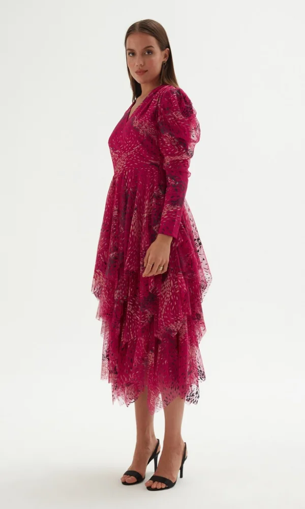 Kruvaze Yaka Baskılı Tül Abiye Elbise 1773-Fuşya