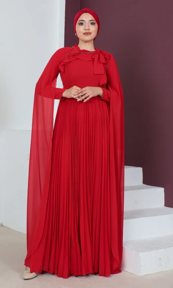 Kol Pelerin Detaylı Tesettür Abiye Elbise 715-Kırmızı