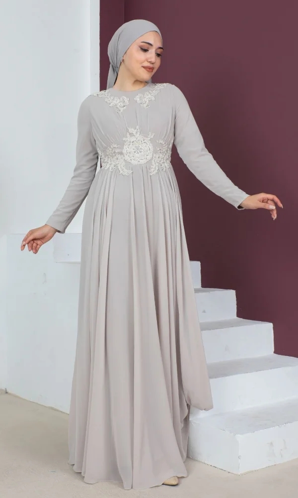 Bel Detaylı Tesettür Abiye Elbise 716-Bej