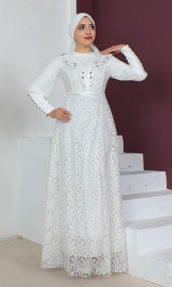 Taş Ve İnci Deteylı Güpür Tesettür Elbise 721-Beyaz