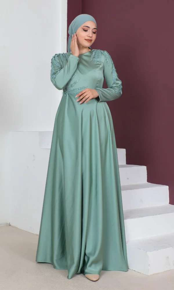 Boncuk İşleme Detaylı Saten Tesettür Abiye Elbise 732-Çağla