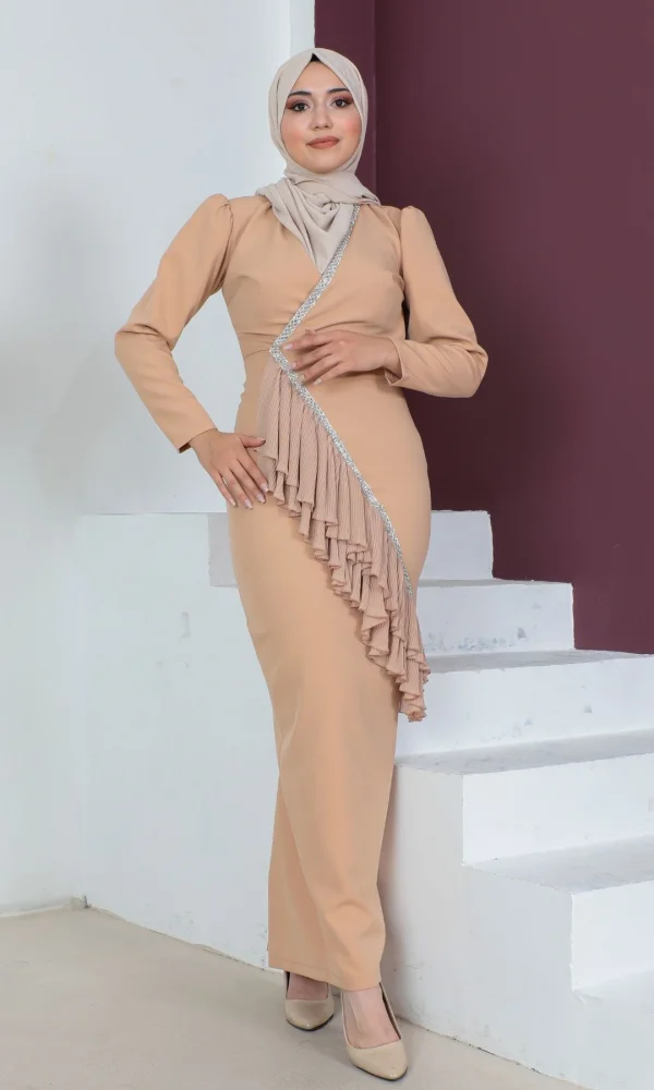 Kruvaze Yaka Tesettür Kalem Elbise 768-Camel