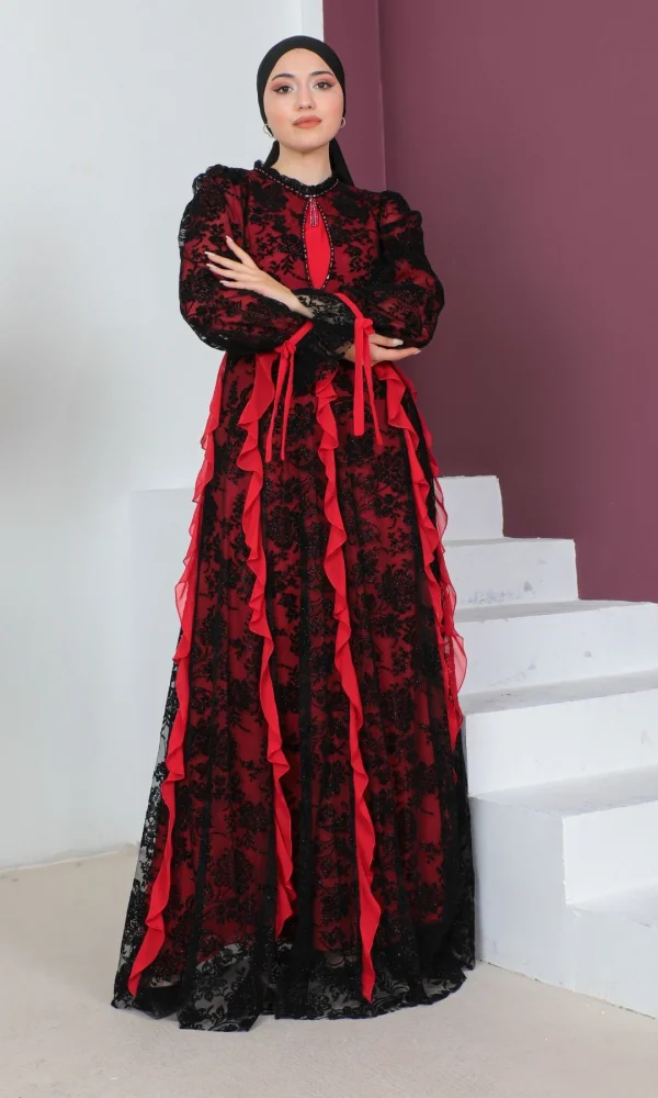 Fırfır Detaylı Dantel Tesettür Abiye Elbise 773-Siyah/Kırmızı