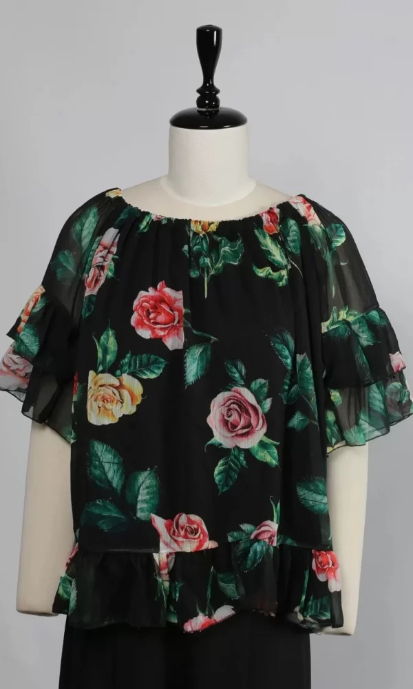 Omuz Lastikli Şifon Bluz 1769-Siyah/Yeşil