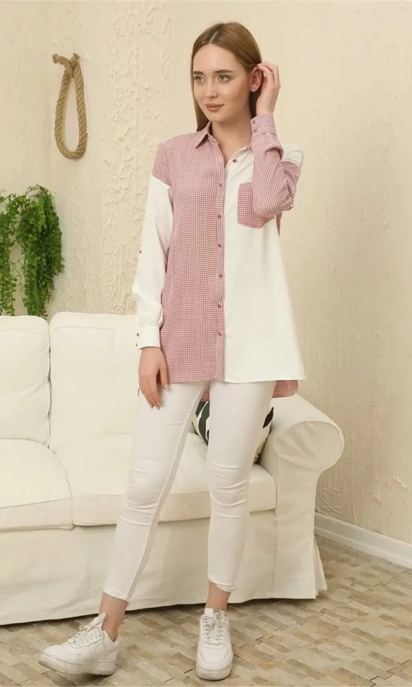 Kareli Uzun Kollu Gömlek 1756-Gül Kurusu/Beyaz