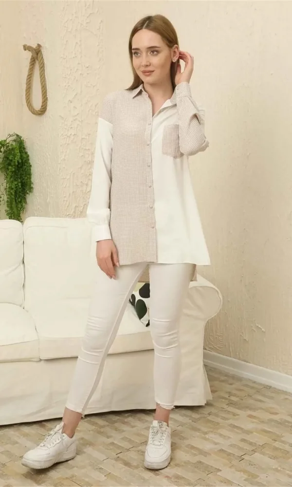 Kareli Uzun Kollu Gömlek 1756-Bej/Beyaz
