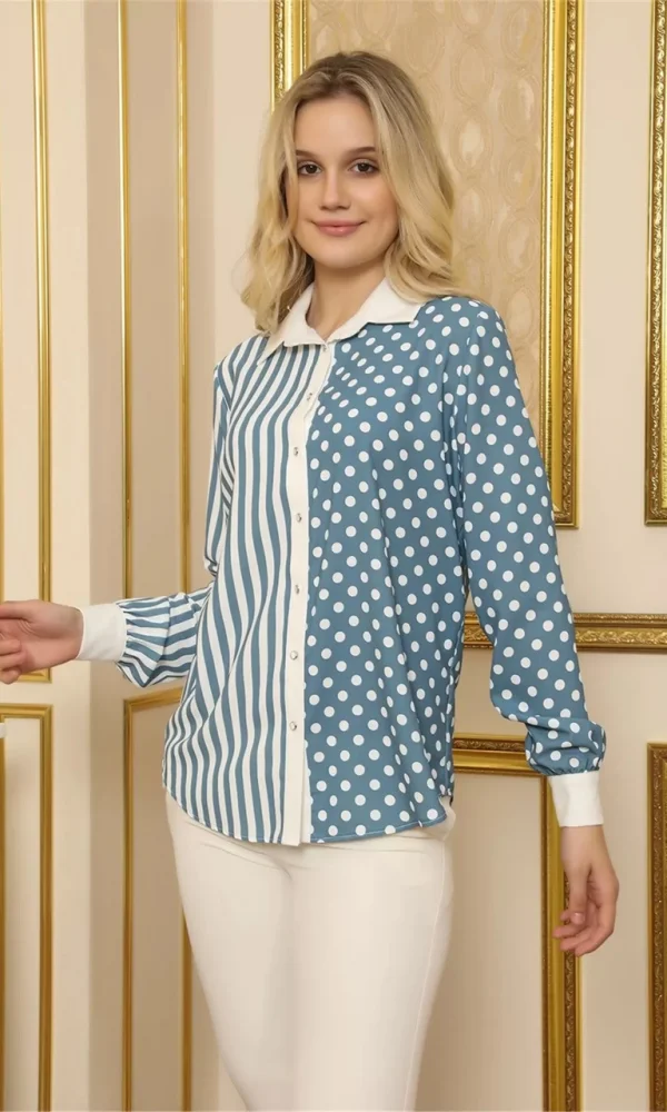 Çizgi Ve Puan Kombin Bluz 2001-İndigo