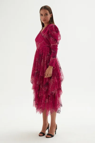 Kruvaze Yaka Baskılı Tül Abiye Elbise 1773-Fuşya