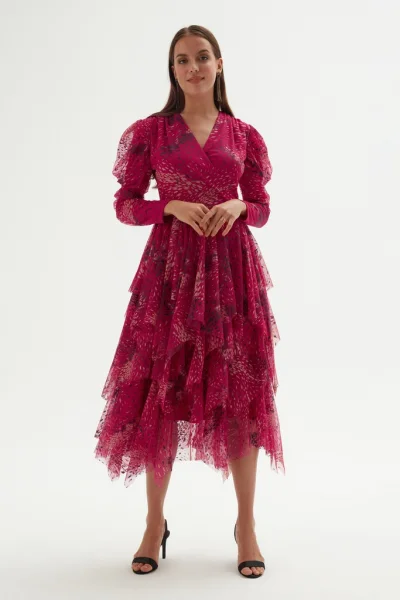 Kruvaze Yaka Baskılı Tül Abiye Elbise 1773-Fuşya