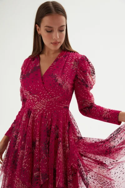 Kruvaze Yaka Baskılı Tül Abiye Elbise 1773-Fuşya
