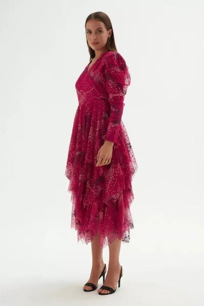 Kruvaze Yaka Baskılı Tül Abiye Elbise 1773-Fuşya