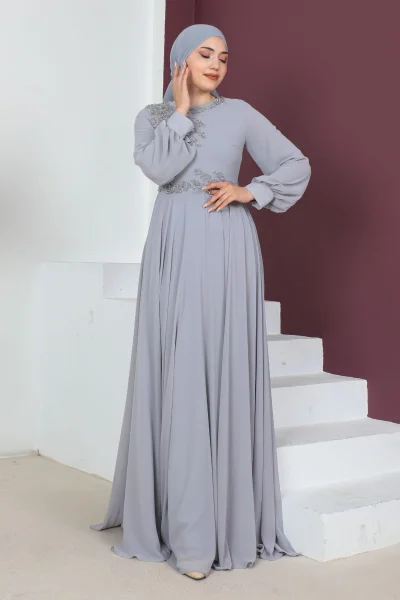 Yaka Ve Bel Detaylı Tesettür Abiye Elbise 657-Gri