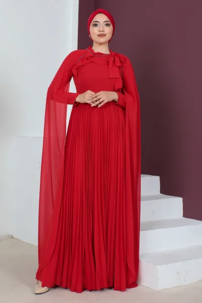 Kol Pelerin Detaylı Tesettür Abiye Elbise 715-Kırmızı