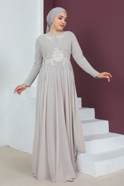 Bel Detaylı Tesettür Abiye Elbise 716-Bej