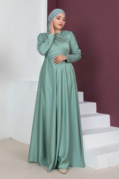 Boncuk İşleme Detaylı Saten Tesettür Abiye Elbise 732-Çağla