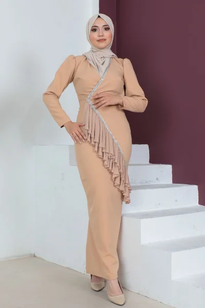 Kruvaze Yaka Tesettür Kalem Elbise 768-Camel