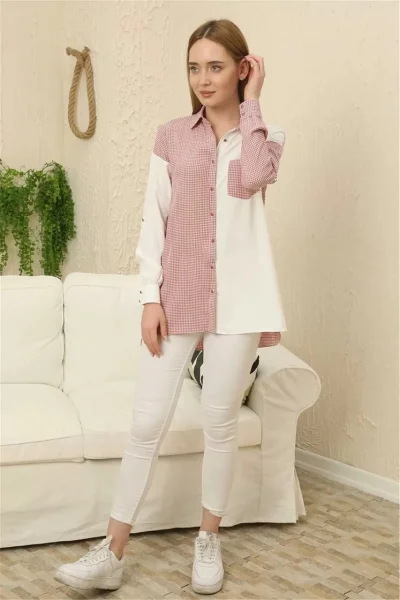 Kareli Uzun Kollu Gömlek 1756-Gül Kurusu/Beyaz