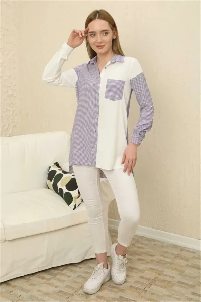 Kareli Uzun Kollu Gömlek 1756-Lila/Beyaz