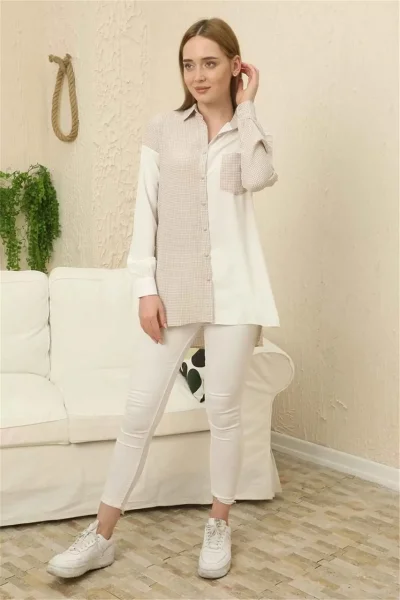 Kareli Uzun Kollu Gömlek 1756-Bej/Beyaz