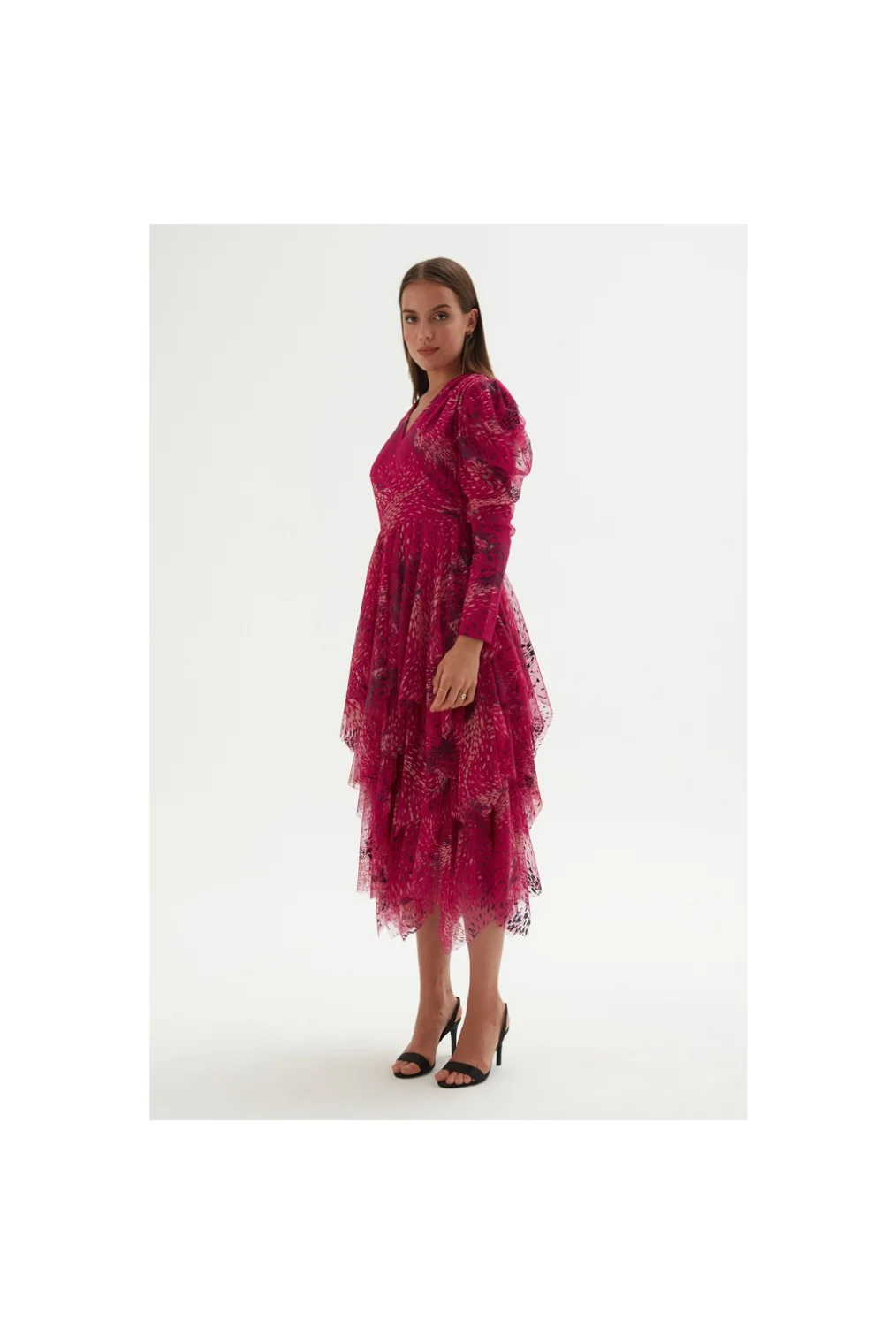 Kruvaze Yaka Baskılı Tül Abiye Elbise 1773-Fuşya