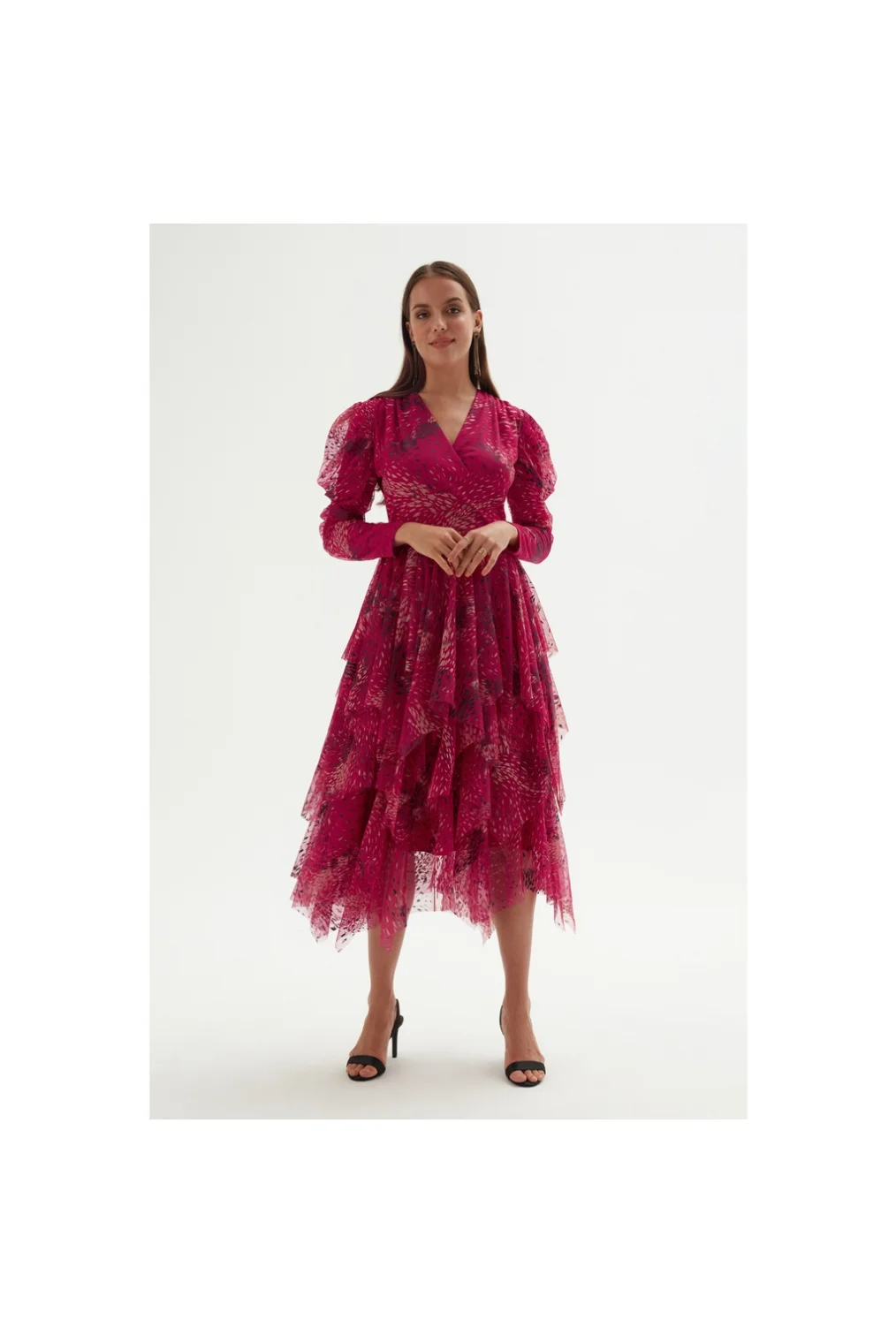 Kruvaze Yaka Baskılı Tül Abiye Elbise 1773-Fuşya