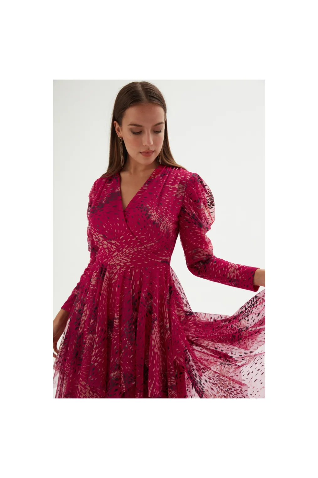 Kruvaze Yaka Baskılı Tül Abiye Elbise 1773-Fuşya