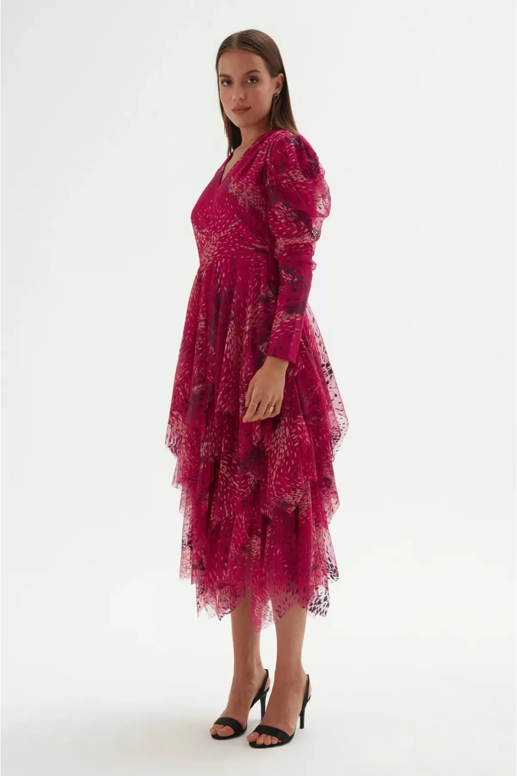 Kruvaze Yaka Baskılı Tül Abiye Elbise 1773-Fuşya