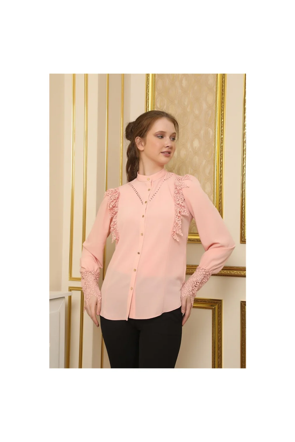 Dantel Detaylı Bluz 2002 Pudra