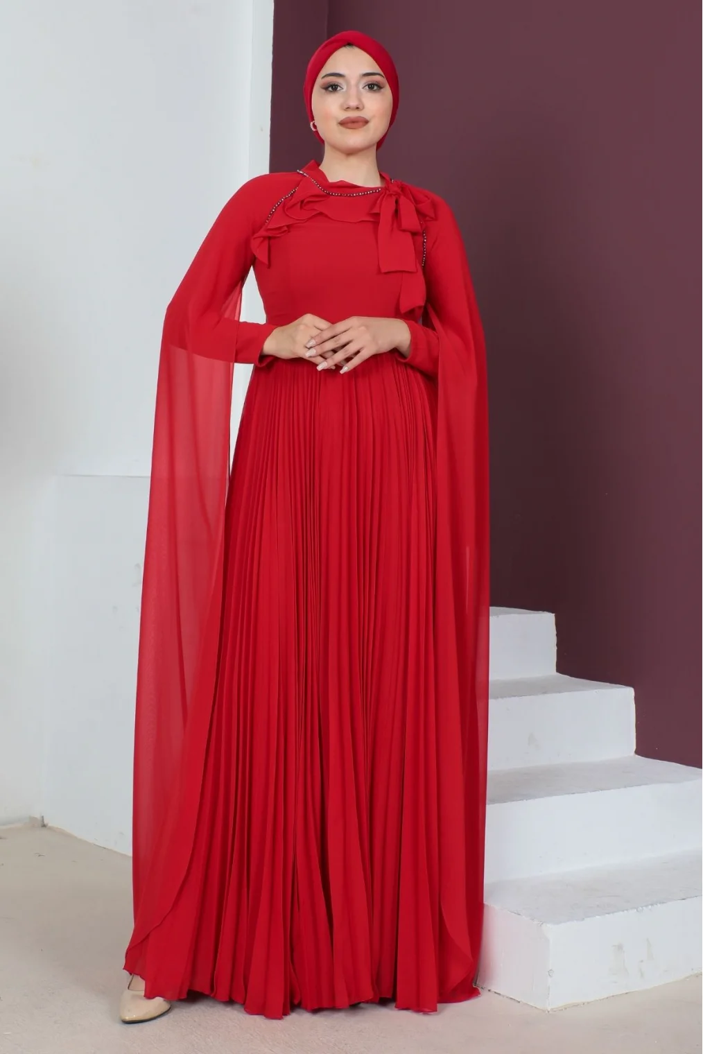 Kol Pelerin Detaylı Tesettür Abiye Elbise 715-Kırmızı
